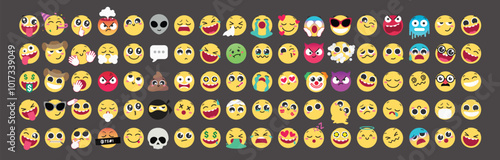 Emoji characters flat vector set. Emojis collection of naughty, happy, funny, angry, sick and crying facial expression emoticons elements in isolated background. Vector illustration emojis icon flat 