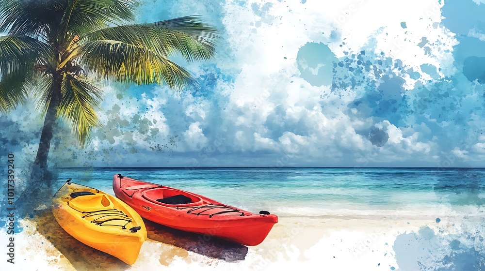 Two Kayaks on a Sandy Beach Underneath a Palm Tree with a Watercolor Sky. Two Kayaks on a Sandy Beach Underneath a Palm Tree with a Watercolor Sky.