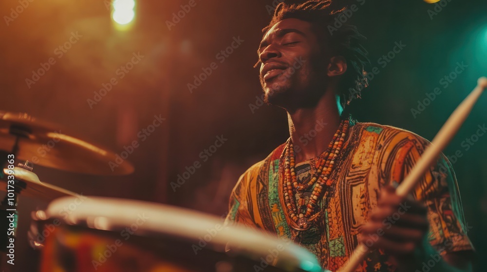 Naklejka premium Nigerian musician playing the drums Express deep emotions through rhythm