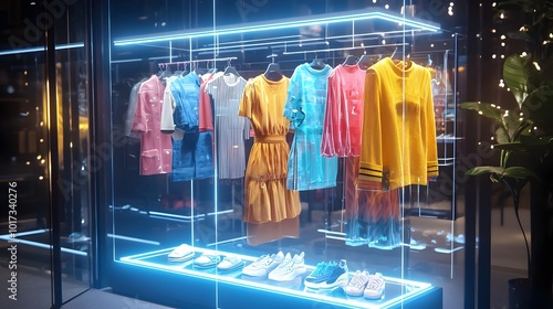 Futuristic 3D Rendering of a Sleek Virtual Clothing Store with a Floating Digital Wardrobe in a Minimalist Modern Design Concept for an Innovative eCommerce Platform or Retail Experience