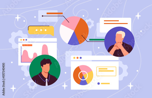 Resource management concept. Men with graphs and diagrams. Infographics and statistics, data visualization. Analysts conduct marketing research. Flat vector illustration isolated on blue background