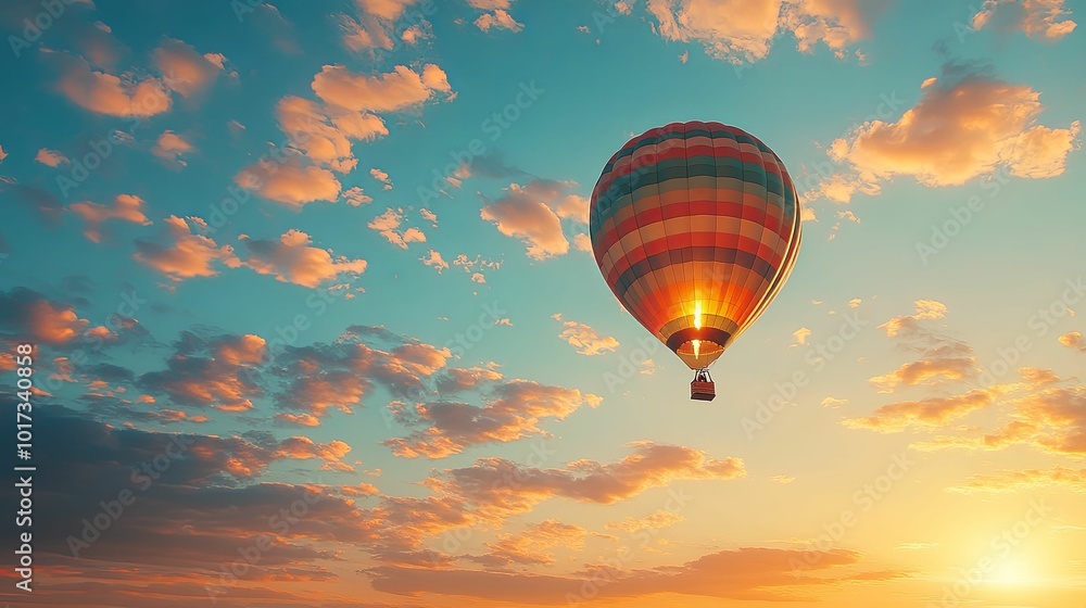 Fototapeta premium Colorful Hot Air Balloon Ascending Through a Golden Sunset Sky