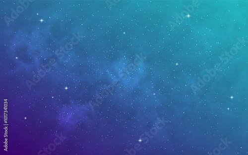 Cosmos background. Starry universe texture. Beautiful color galaxy. Glowing aurora effect. Magic gradient with stars. Cosmic clouds and glitter. Night sky backdrop. Vector illustration.