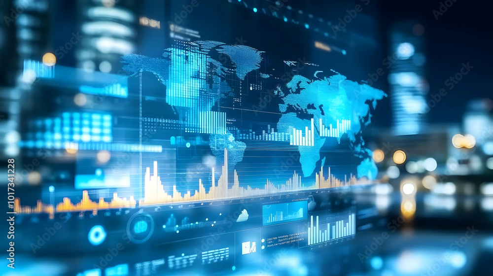 Digital world map with data visualizations and analytics graphics. Digital world map with data visualizations and analytics graphics.