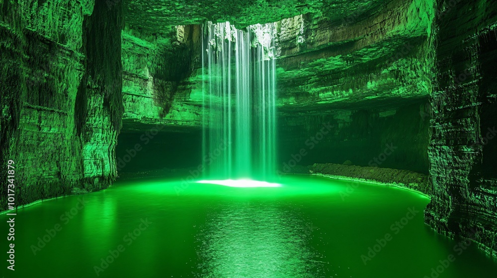 A beautiful waterfall cascading into a green pool of water inside a cave. A beautiful waterfall cascading into a green pool of water inside a cave.