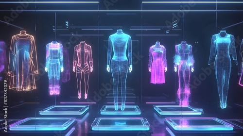 Holographic clothing selection interface showcasing glowing neon fashion display for a seamless personalized virtual shopping experience  Cutting edge digital retail technology concept
