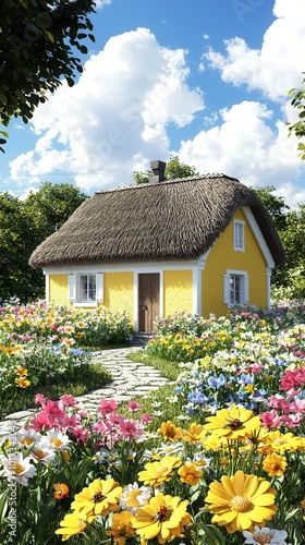 Yellow Cottage with Flower Garden.