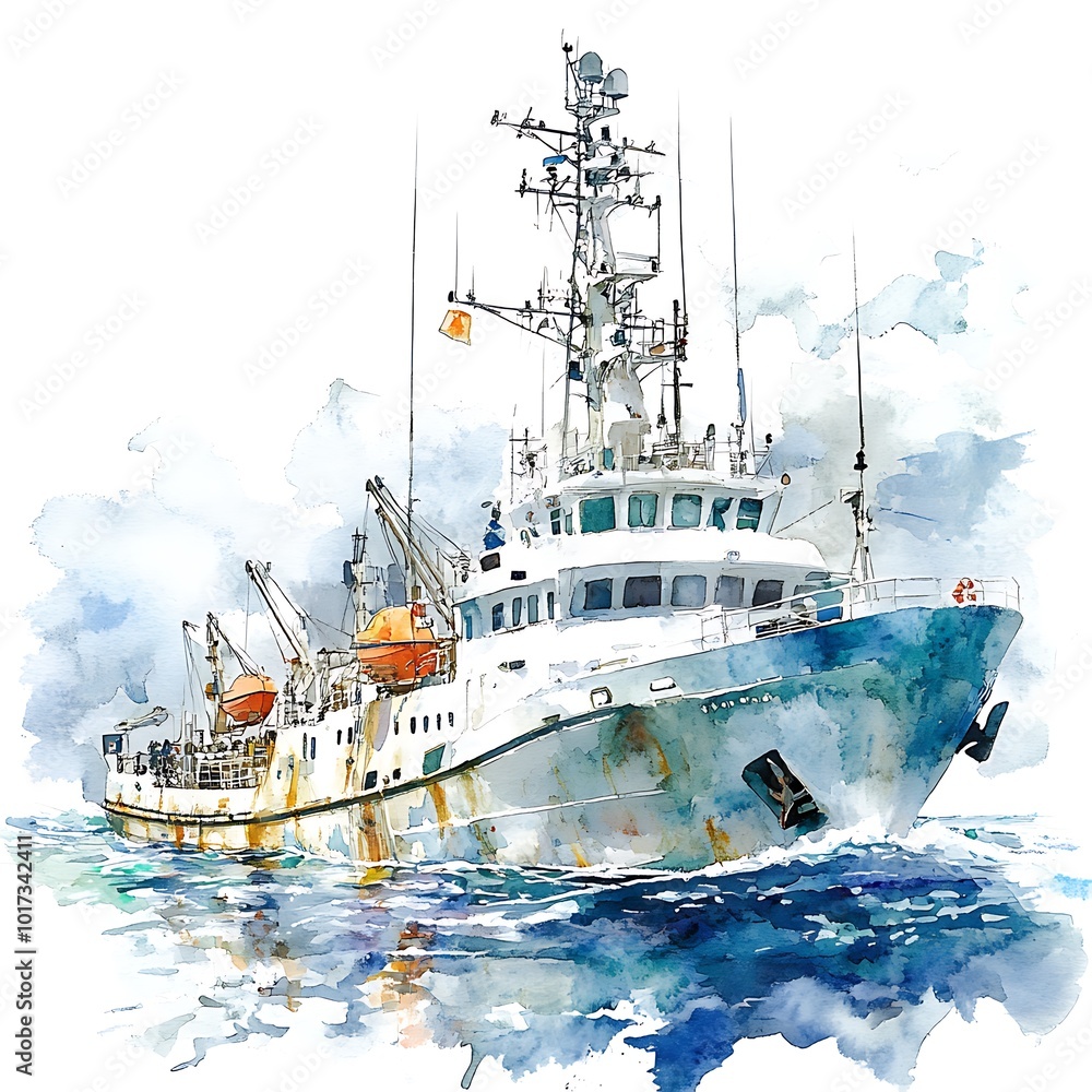Naklejka premium Watercolor Painting of a White Ship on the Ocean.