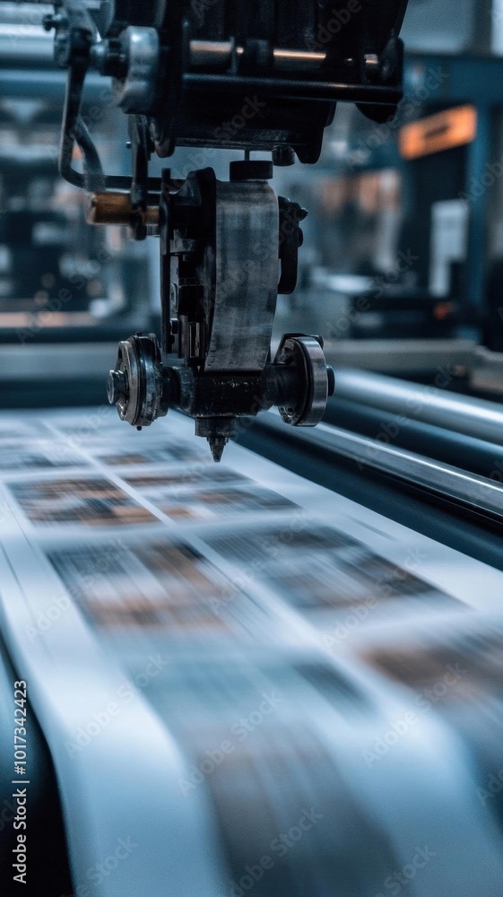 Fototapeta premium Printing press creating newspapers at high speed, printing process, mass communication, industrial machinery