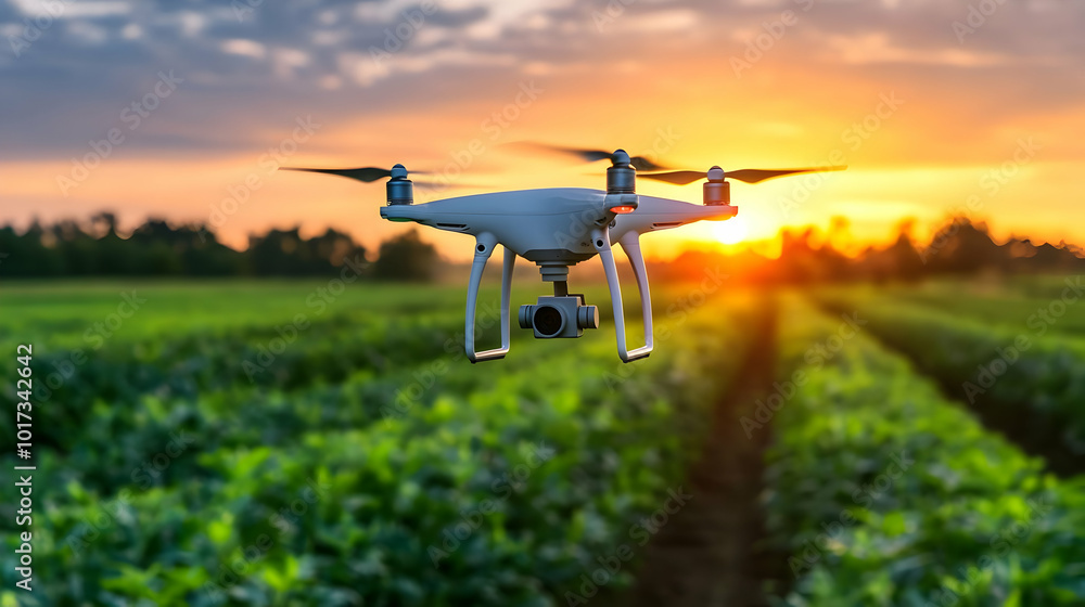 Drone flying over a green field at sunset, capturing agricultural data. Drone flying over a green field at sunset, capturing agricultural data.