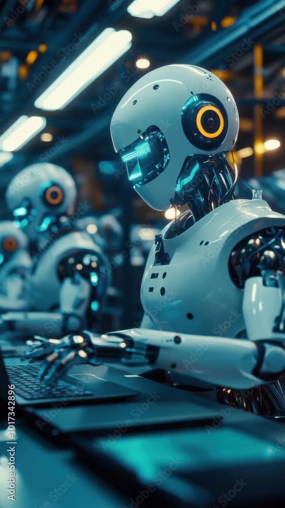 Fototapeta premium Robots assembling laptops in a hightech production facility, laptop manufacturing, precision technology, efficiency