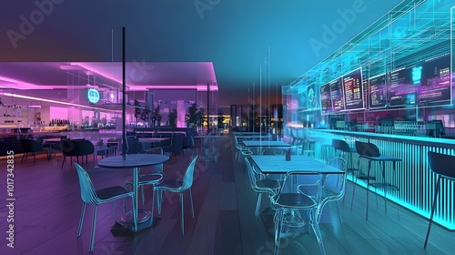 Futuristic augmented reality food court setting with glowing neon displays sleek modern interior design and digital menu holograms creating an immersive high tech dining experience