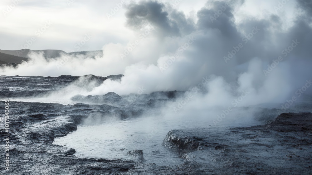 Steam rising from a pool of boiling mud, boiling mud, geothermal power, intense heat Steam rising from a pool of boiling mud, boiling mud, geothermal power, intense heat