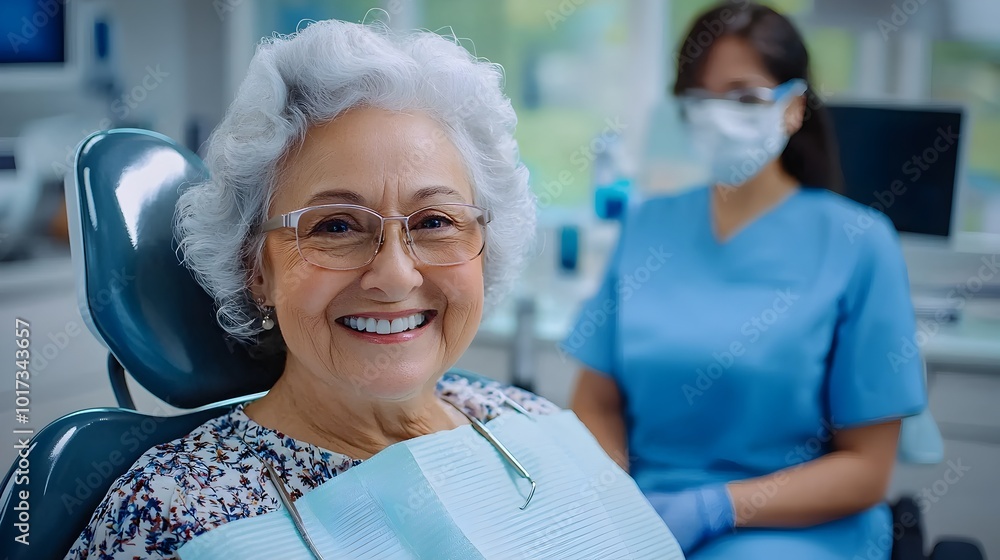 An elderly woman seated comfortably in a dental chair smiling at the as a dentist wearing glasses stands beside her An elderly woman seated comfortably in a dental chair smiling at the as a dentist wearing glasses stands beside her