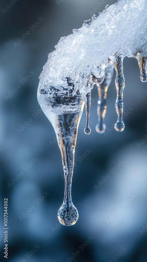 Closeup of water dripping from an icicle, melting icicle, delicate power, transition Closeup of water dripping from an icicle, melting icicle, delicate power, transition