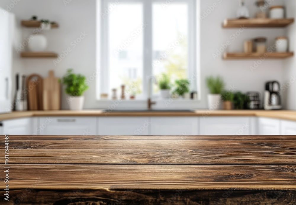 Rustic wooden table top with blurred kitchen background. Rustic wooden table top with blurred kitchen background.