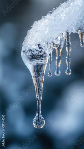 Closeup of water dripping from an icicle, melting icicle, delicate power, transition