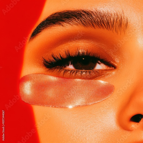 A woman's face with undereye patches focusing on dark circles and puffiness, softly lit with a subtle gradient background, perfect for beauty and self-care. photo