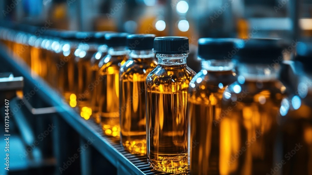Glass bottles being filled with liquid in a highspeed bottling line, bottling process, fluid motion, mass production Glass bottles being filled with liquid in a highspeed bottling line, bottling process, fluid motion, mass production