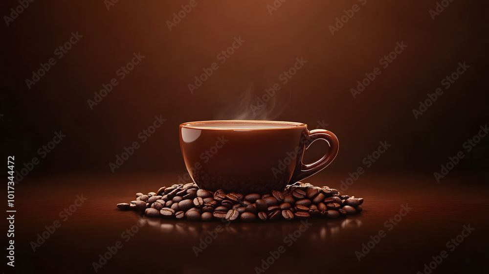 A steaming cup of coffee resting on a bed of roasted coffee beans against a dark background. A steaming cup of coffee resting on a bed of roasted coffee beans against a dark background.