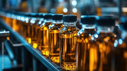 Glass bottles being filled with liquid in a highspeed bottling line, bottling process, fluid motion, mass production