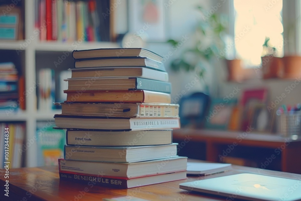A stack of books on a wooden table in a cozy room with blurred background, featuring shelves and greenery, indicating a peaceful reading environment. A stack of books on a wooden table in a cozy room with blurred background, featuring shelves and greenery, indicating a peaceful reading environment.