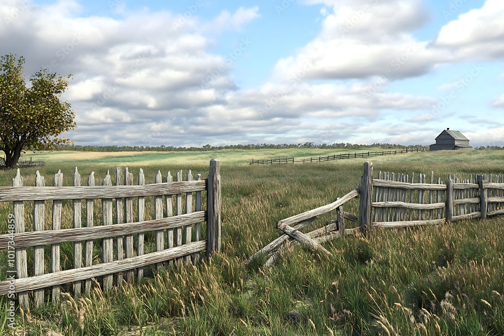 Serene countryside scene with a wooden fence and distant barn. Serene countryside scene with a wooden fence and distant barn.