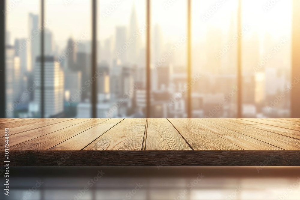 Wooden table top with blurry city background and sunbeams. Wooden table top with blurry city background and sunbeams.