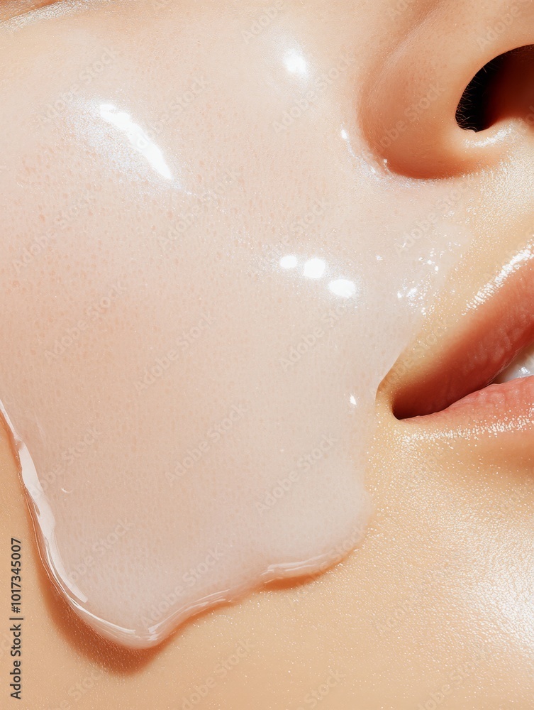 Fototapeta premium A closeup of a woman’s face covered with a hydrating sheet mask, focusing on her dry skin areas, set against a light clean studio background, ideal for skincare blogs or products.