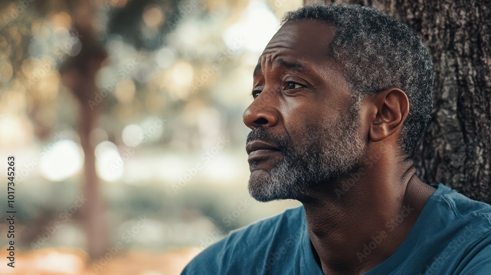 Fototapeta premium An African-American man reflecting in a quiet park, processing sadness while searching for deeper purpose in life