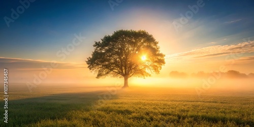 A solitary tree stands silhouetted against a radiant sunrise, its branches reaching towards the sky as a veil of mist envelopes the field.