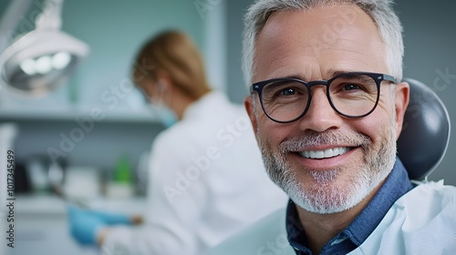 Cheerful senior patient wearing glasses and smiling warmly while seated in the dentist s chair with the dentist nearby creating a professional and welcoming clinic scene with a digital