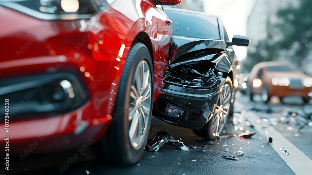 Dramatic head on collision scene of two vehicles involved in a car accident on a city street creating awareness for the importance of traffic laws and road safety precautions Dramatic head on collision scene of two vehicles involved in a car accident on a city street creating awareness for the importance of traffic laws and road safety precautions