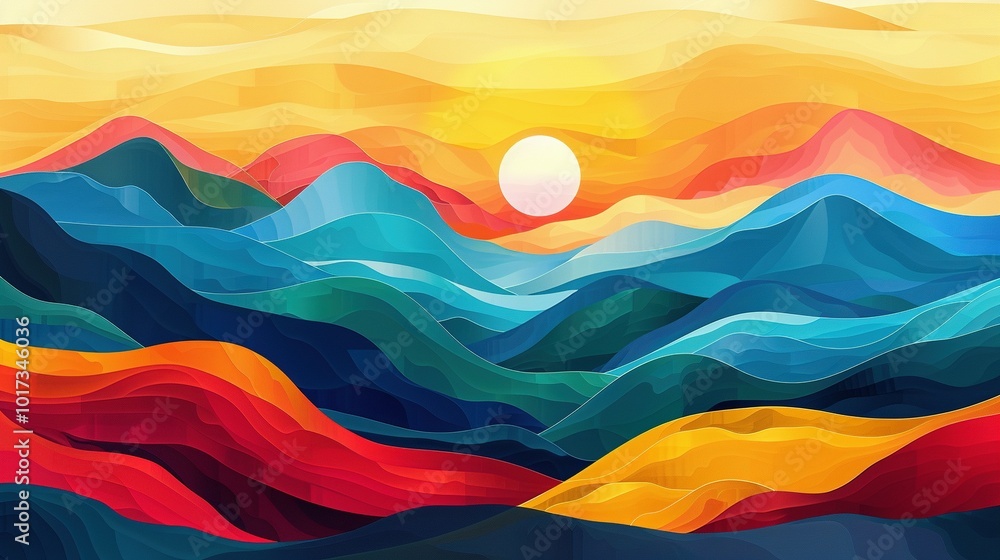 A Stunning Colorful Painting of a Mountainous Landscape Created by AI A Stunning Colorful Painting of a Mountainous Landscape Created by AI