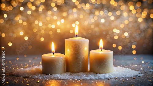 A Trio of Glowing Candles Amidst Sparkling Lights and a Patch of Snow