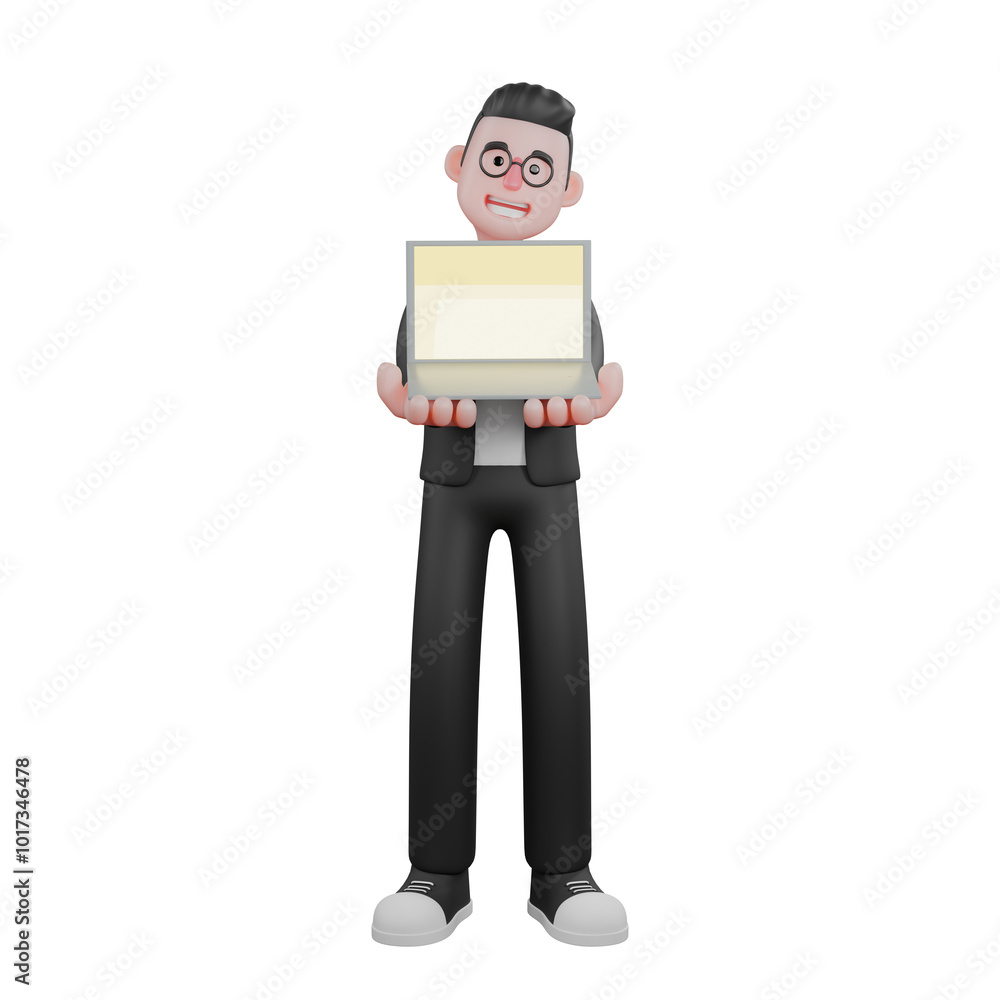 Male Editor 3D Professional. A male editor is standing while showing the screen of the laboratory he is carrying. Media Cartoon Male Editor 3D Professional. A male editor is standing while showing the screen of the laboratory he is carrying. Media Cartoon