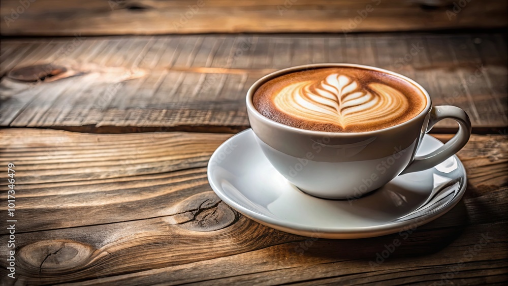 Obraz premium A single cup of coffee with a latte art design, resting on a wooden table, bathed in a warm, inviting light.