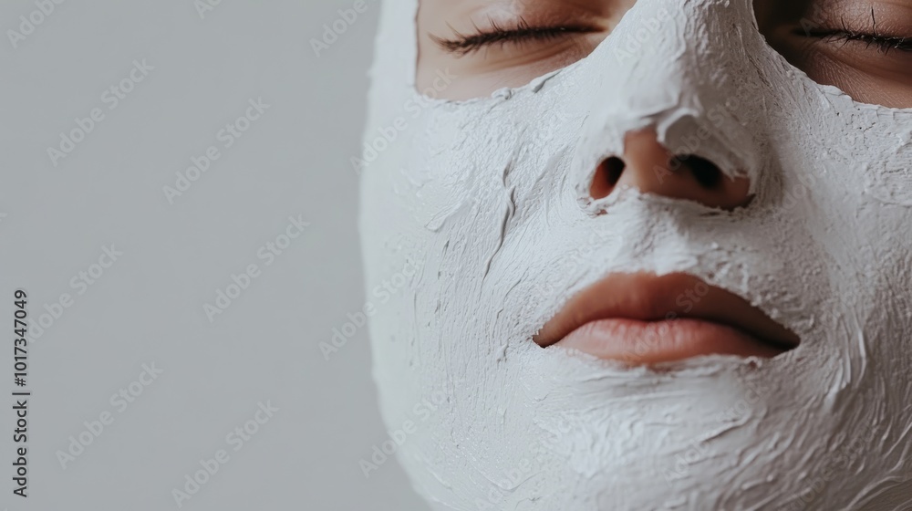 Fototapeta premium Closeup of a woman’s face with a white clay facial mask applied to treat acne, surrounded by soft lighting and a clean white background, perfect for skincare tutorials and beauty products.