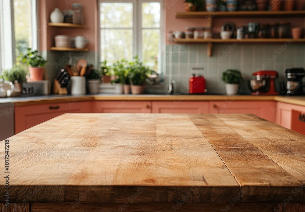 Close up of a wooden countertop in a kitchen with blurred background. Close up of a wooden countertop in a kitchen with blurred background.