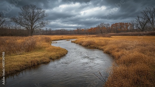 Serpentine River Winding Through a Field of Tall Dry Grass Under a Cloudy Sky photo