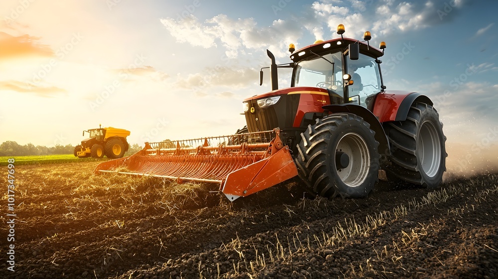 Obraz premium Potato Harvest in Progress with Modern Farming Machinery Working in Scenic Rural Field Under Sunny Sky Capturing the Essence of Analog Color Scheme and Digital Tone