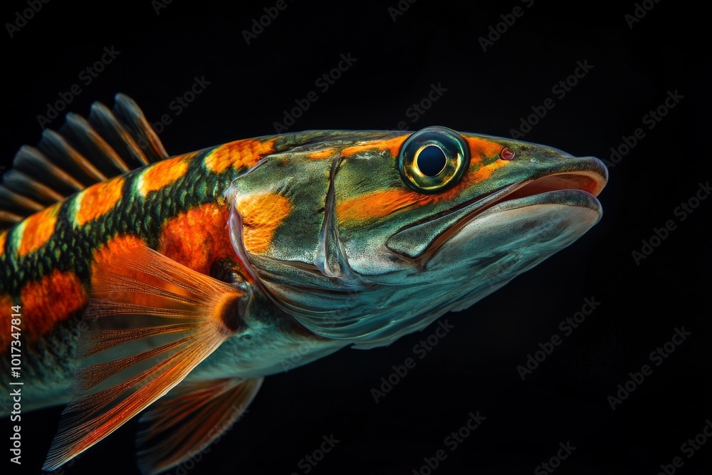 Fototapeta premium Mystic portrait of European Barracuda, copy space on right side, Close-up View, isolated on black background