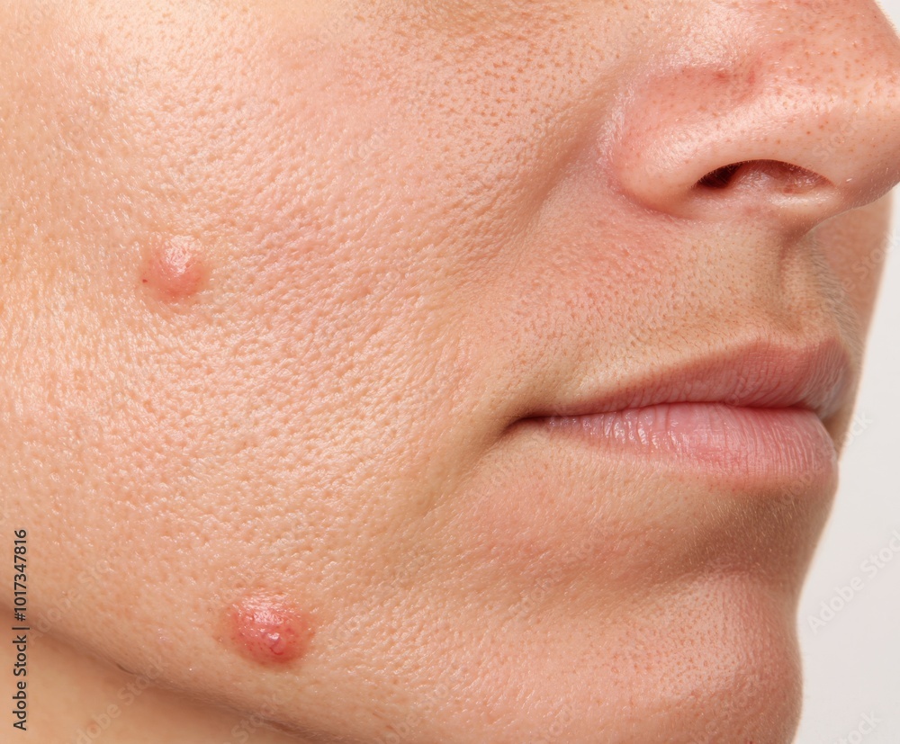A closeup of problematic skin with visible acne and redness before treatment, set against a neutral background, ideal for skincare tutorials and product use. A closeup of problematic skin with visible acne and redness before treatment, set against a neutral background, ideal for skincare tutorials and product use.