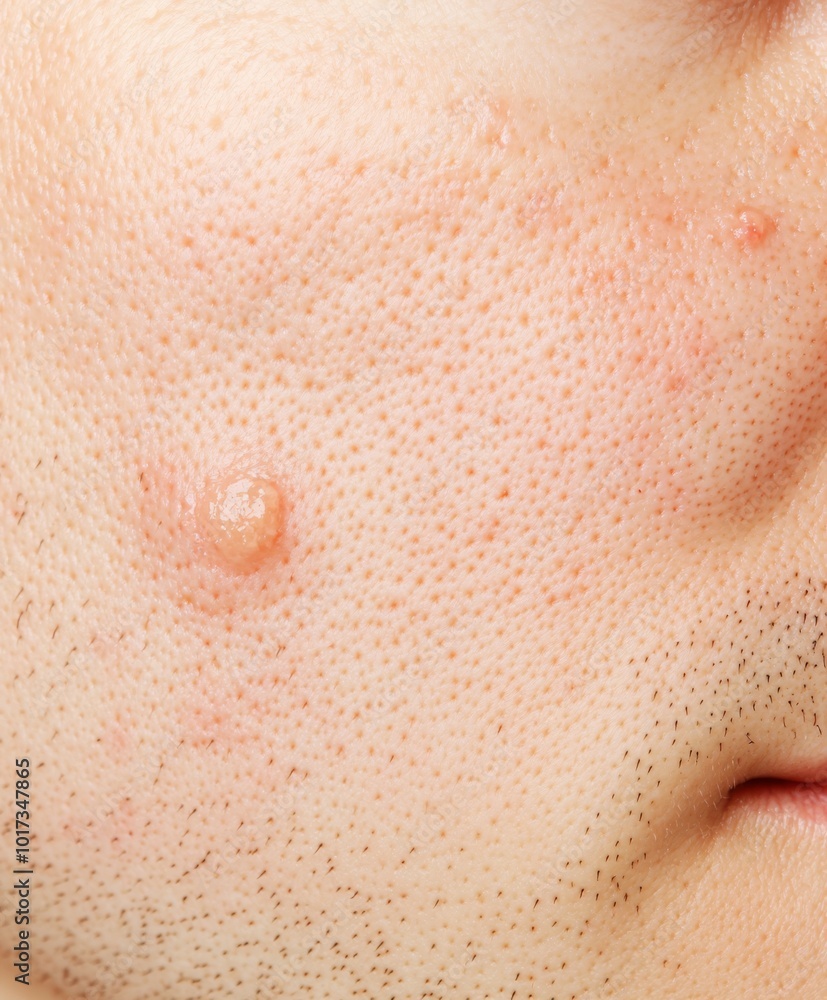 Fototapeta premium A closeup of problematic skin with visible acne and redness before treatment, set against a neutral background for skincare tutorials and product use.