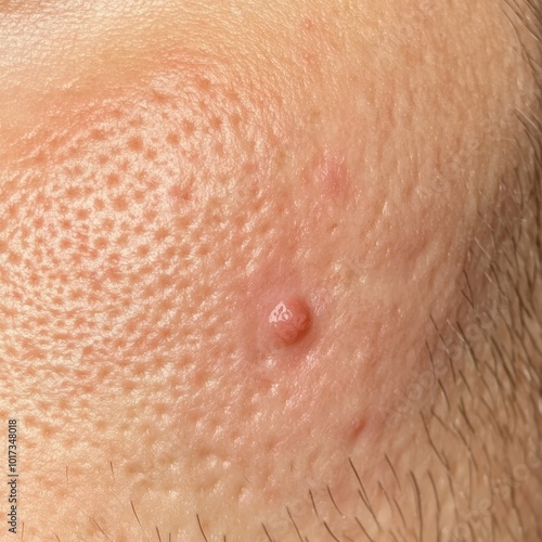 A closeup of problematic skin with visible acne and redness before treatment against a neutral background, ideal for skincare tutorials and product use.