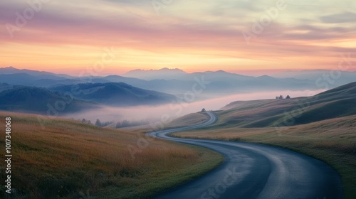 Wallpaper Mural Foggy sunset on mountain road Torontodigital.ca