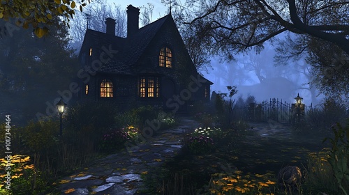 A mysterious house surrounded by a foggy garden at twilight.