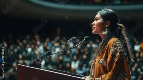 Native American woman stands confidently on podium Overcoming the fear of public speaking in front of a large audience photo