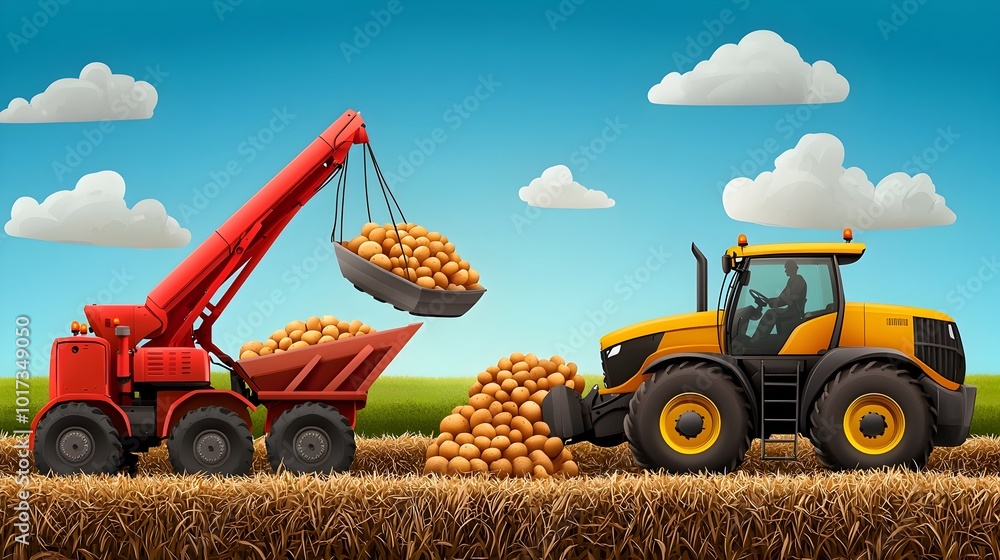 Obraz premium Efficient Potato Harvest Tractors and harvesters working in a lush countryside field collecting potatoes under a bright cloud filled sky Illustrating the process of modern