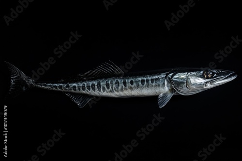 the beside view Pickhandle Barracuda, left side view, white copy space on right, Isolated on dark Background photo